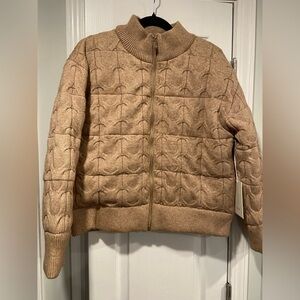 NWT Joie Size L Cable Knit Puffer Bomber Jacket Full Zip High Neck Pockets Beige